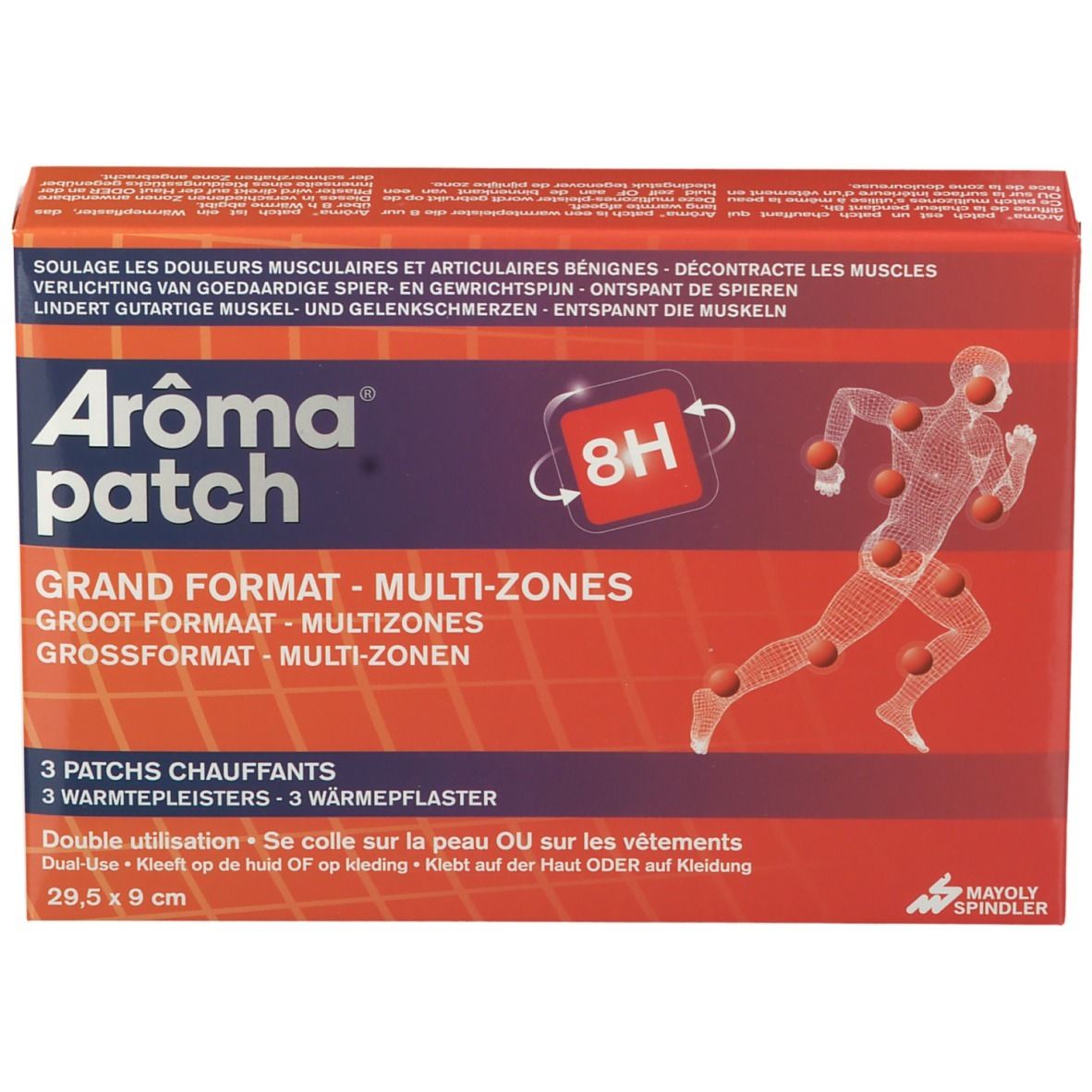 Boîte de patchs chauffants Arôma Patch Multi-Zones. 3 patchs, 8H. Grand format. Dimensions : 29,5 x 9 cm. Informations imprimées.