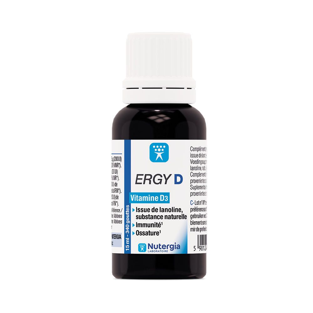 ERGYS D, vitamine D3, flacon compte-gouttes. Flacon en verre noir avec bouchon blanc. 15 ml.