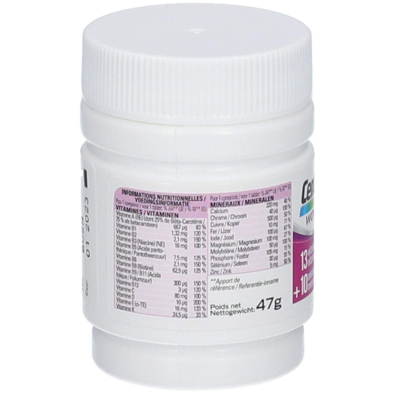 Rückseite der Centrum Women-Tablettenflasche. Enthält Nährwertinformationen und eine Liste der Inhaltsstoffe.