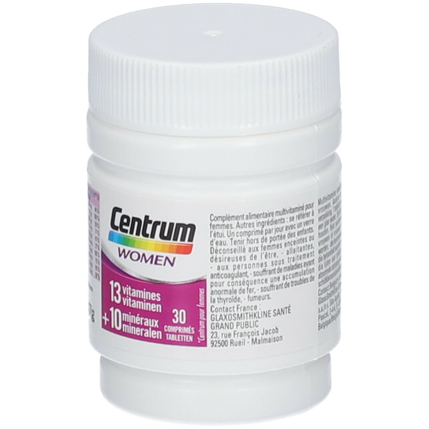 Centrum Women-Tablettenflasche mit weißem Schraubverschluss. Enthält 13 Vitamine und 10 Mineralien. 30 Tabletten.