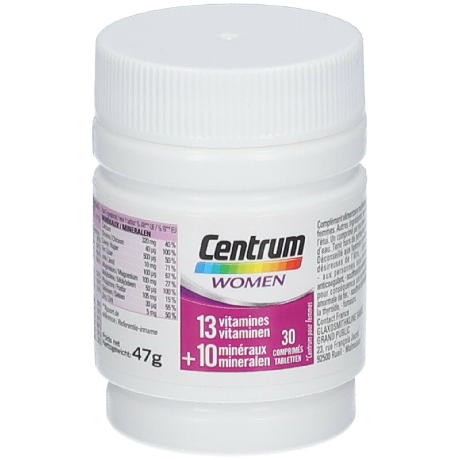 Centrum Women-Tablettenflasche. Enthält 13 Vitamine und 10 Mineralien. 30 Tabletten. Gewicht: 47g.