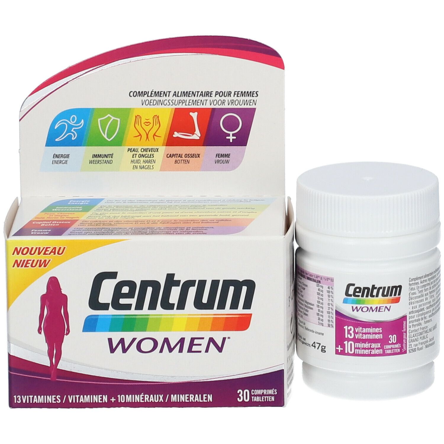 Centrum Women-Tablettenflasche und -verpackung. Enthält 13 Vitamine und 10 Mineralien. 30 Tabletten.
