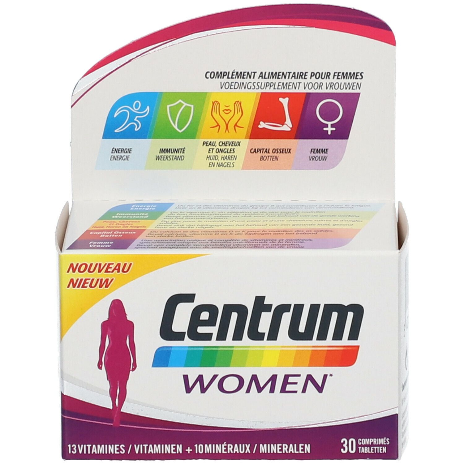Centrum Women-Verpackung. Enthält 13 Vitamine und 10 Mineralien. 30 Tabletten. Mit Logo und Illustrationen.