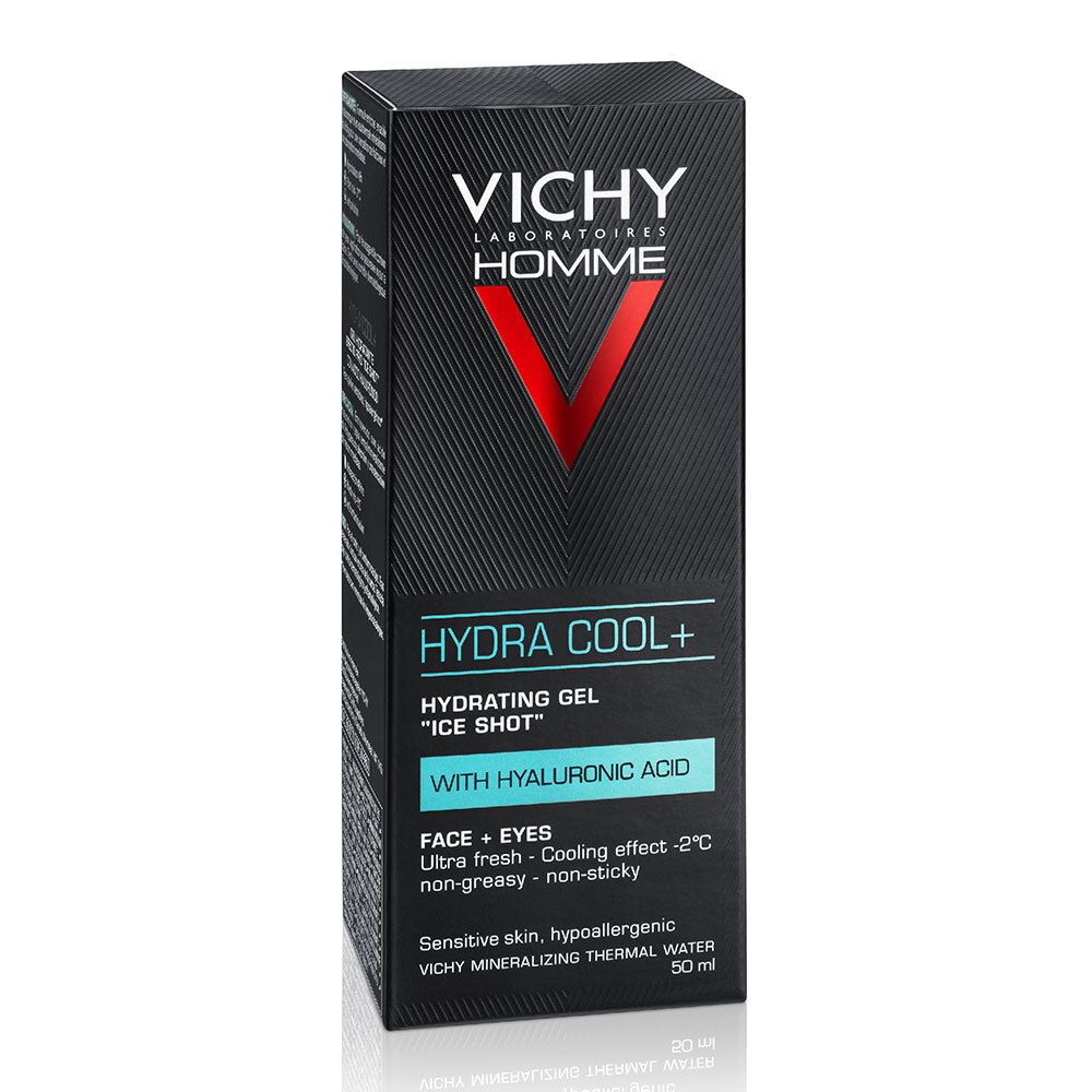 Schwarzer Karton Vichy Homme Hydra Cool+. Text und Logo. Produktname und Eigenschaften. Weißer Hintergrund.
