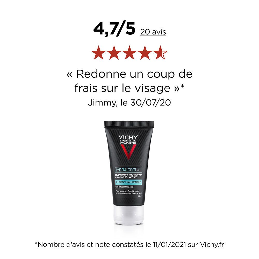 Tube Vichy Homme Hydra Cool+ mit Bewertung. Schwarze Tube mit Text und Logo. Sterne und Text.