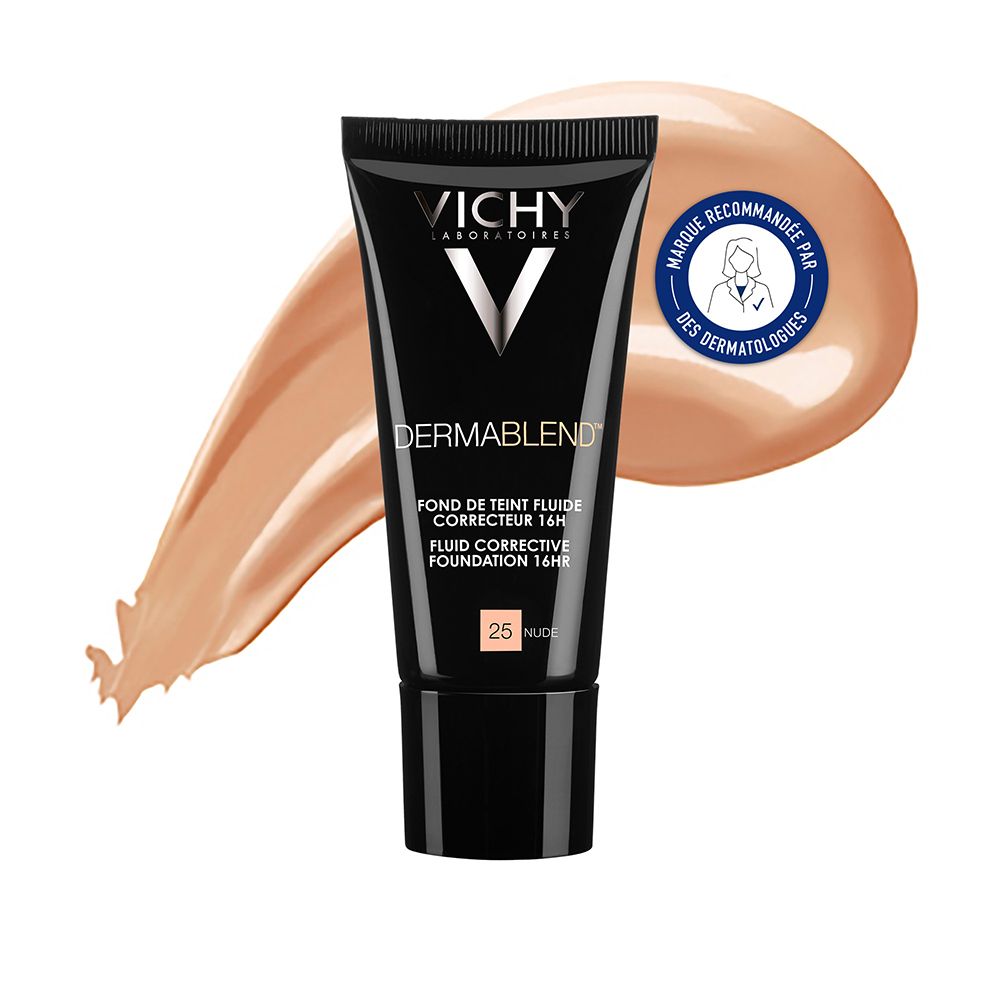 VICHY DERMABLEND™ Fond de teint correcteur 30. Tube noir avec produit et tache de couleur. Testé dermatologiquement.
