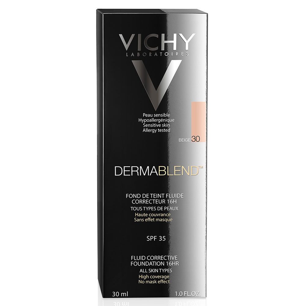VICHY DERMABLEND™ Fond de teint correcteur 30. Emballage noir avec image du produit. Pour peaux sensibles.
