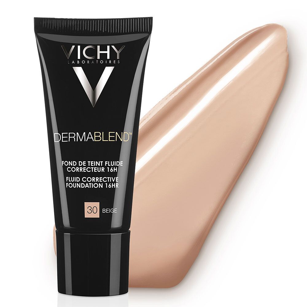 VICHY DERMABLEND™ Fond de teint correcteur 30. Tube noir avec produit et tache de couleur. Teinte Beige.