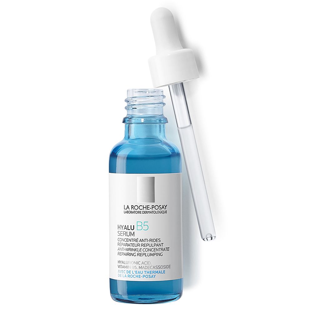 Flacon de sérum bleu avec pipette. Inscription : LA ROCHE-POSAY HYALU B5 Serum.