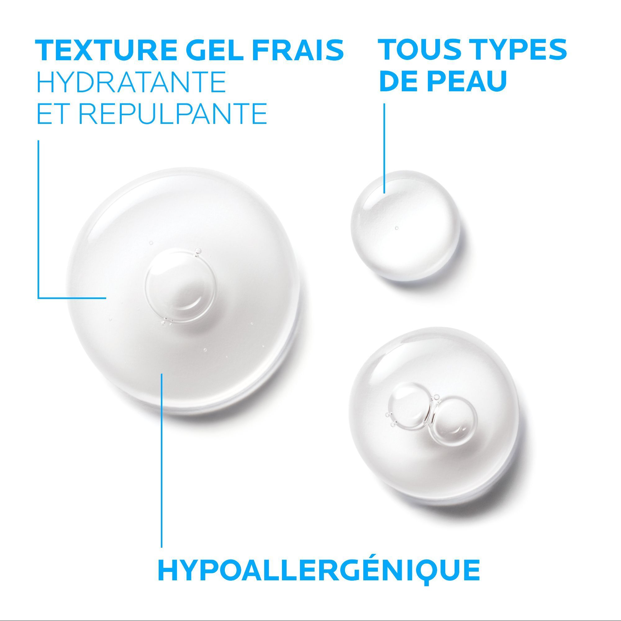 Trois gouttes transparentes. Texte : Texture gel frais hydratante et repulpante, hypoallergénique.