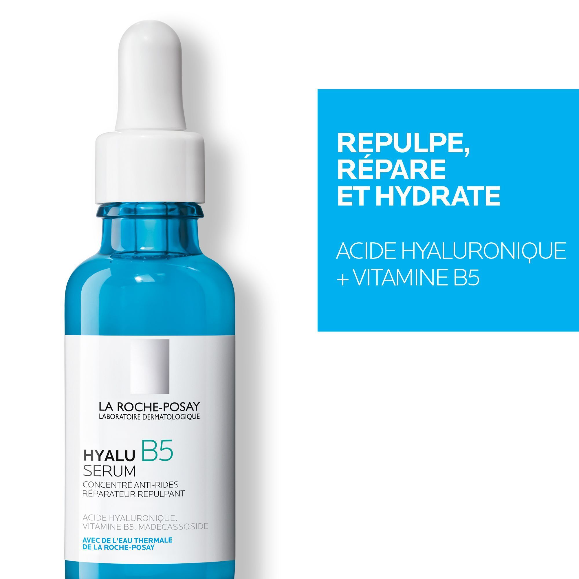 Flacon de sérum bleu. Texte : HYALU B5 Serum, acide hyaluronique + vitamine B5.