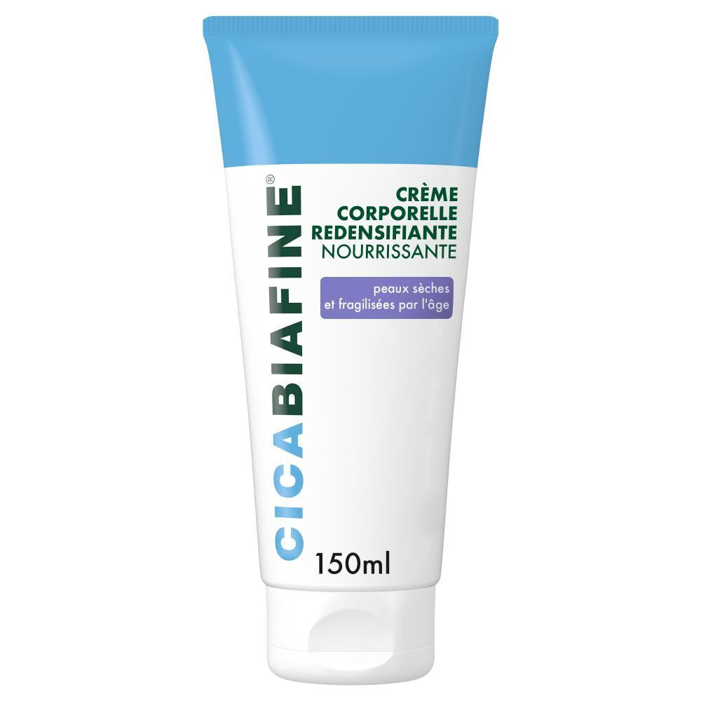Tube de Crème Corporelle CicaBiafine®. Blanc, bleu clair et bleu. Texte: Crème Corporelle, 150ml.