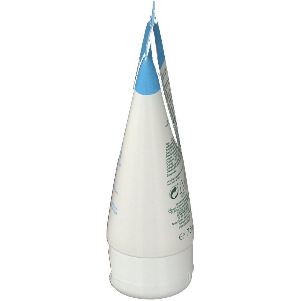 Tube de crème CicaBiafine vu de côté. Blanc et bleu. Inscription : e 75ml. Avec dispositif de suspension.