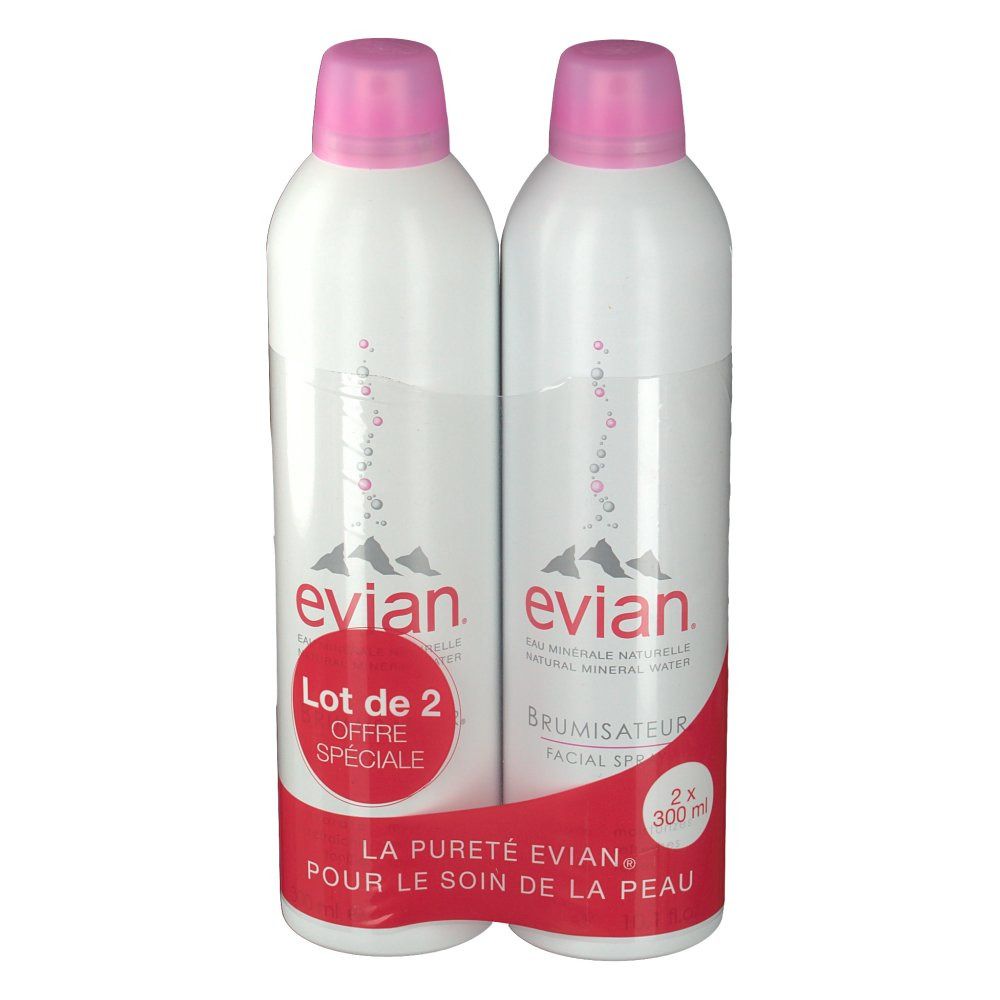 Deux sprays blancs avec bouchons roses. Inscription: evian, Lot de 2, Brumisateur Facial Spray. Emballage rouge avec texte.