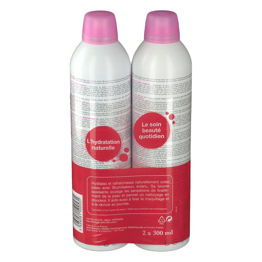 Deux sprays blancs avec bouchons roses. Dos avec texte. Inscription: L'hydratation naturelle, Le soin beauté quotidien.