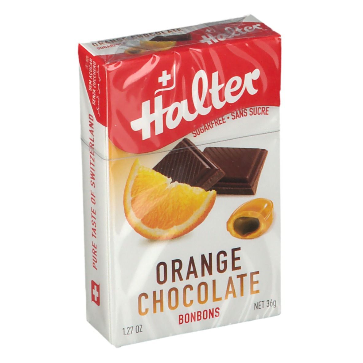 Boîte de Halter Bonbons Orange Chocolat Sans Sucre. Présente des tranches d'orange, du chocolat et des bonbons.