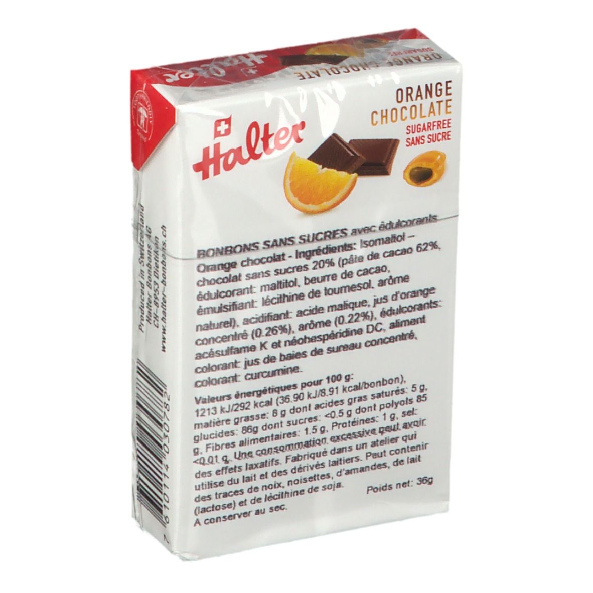 Dos de la boîte Halter Bonbons Orange Chocolat Sans Sucre. Contient la liste des ingrédients et les informations nutritionnelles.