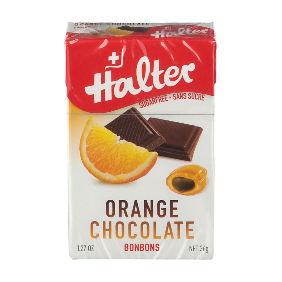 Vue de face de la boîte Halter Bonbons Orange Chocolat Sans Sucre. Montre des tranches d'orange, du chocolat et des bonbons.