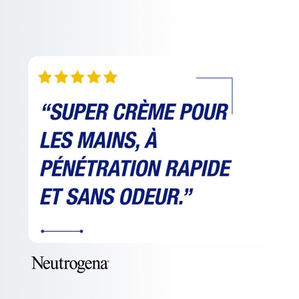 Citation sur fond blanc. Texte : « SUPER CRÈME POUR LES MAINS, À PÉNÉTRATION RAPIDE ET SANS ODEUR. » Marque : Neutrogena.