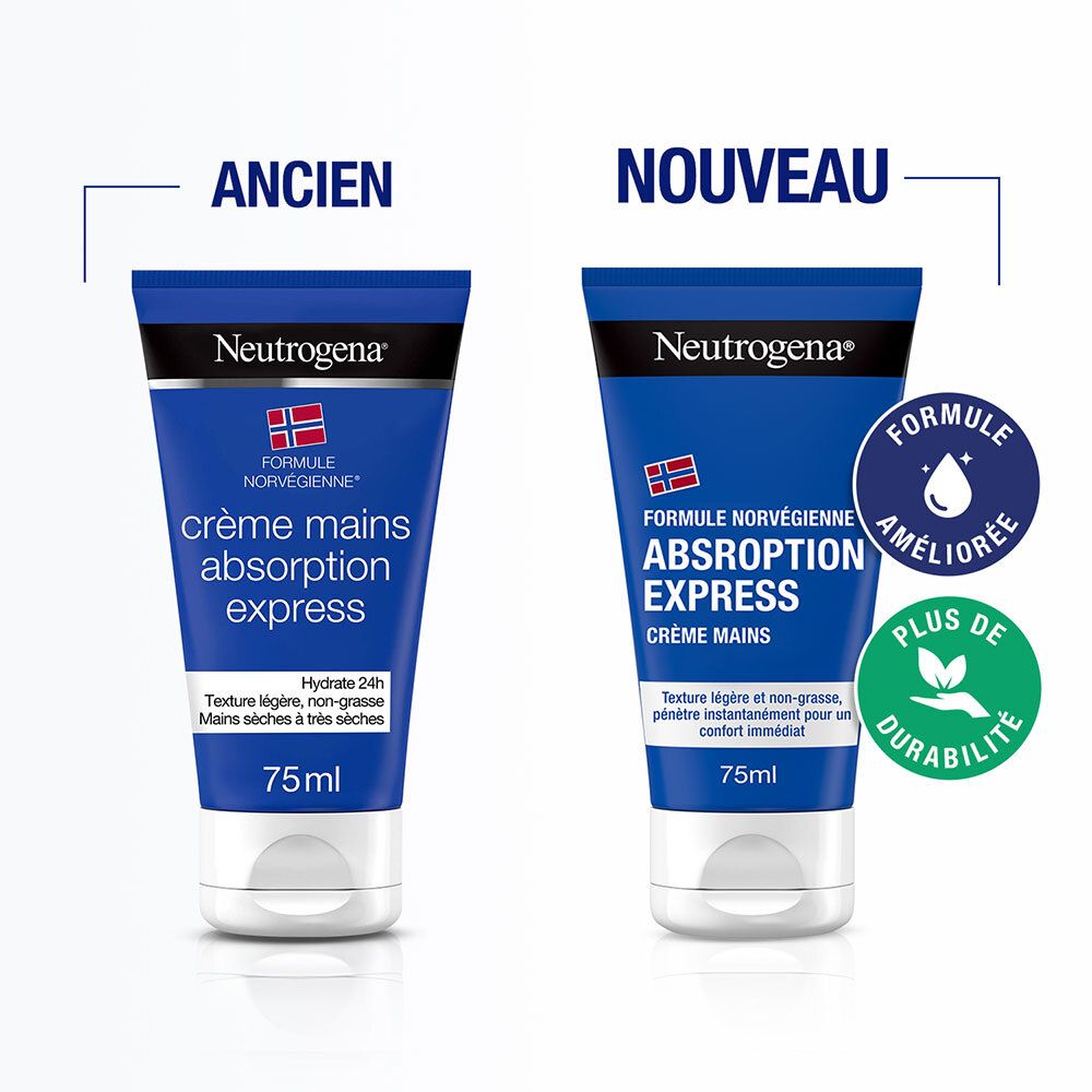 Comparaison des tubes de crème pour les mains. Gauche : ancien design. Droite : nouveau design. Marque : Neutrogena.