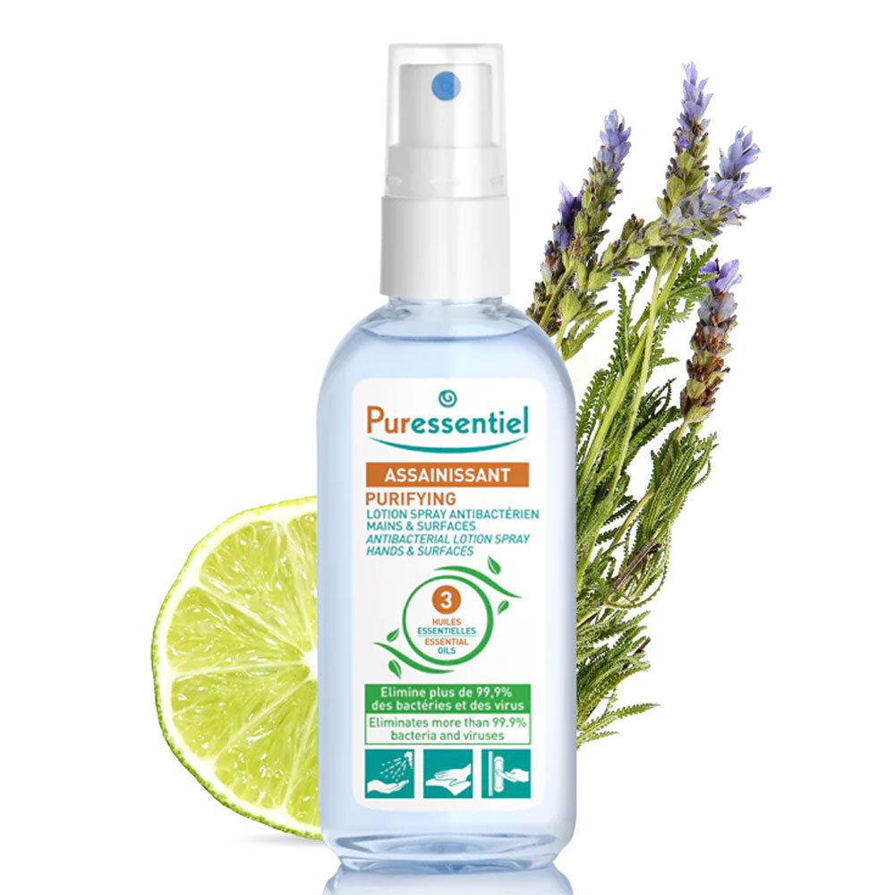 Spray Puressentiel Assainissant avec lavande et citron vert. Inscription: Hand Cleansing Lotion Spray antibactérien. 3 huiles essentielles.
