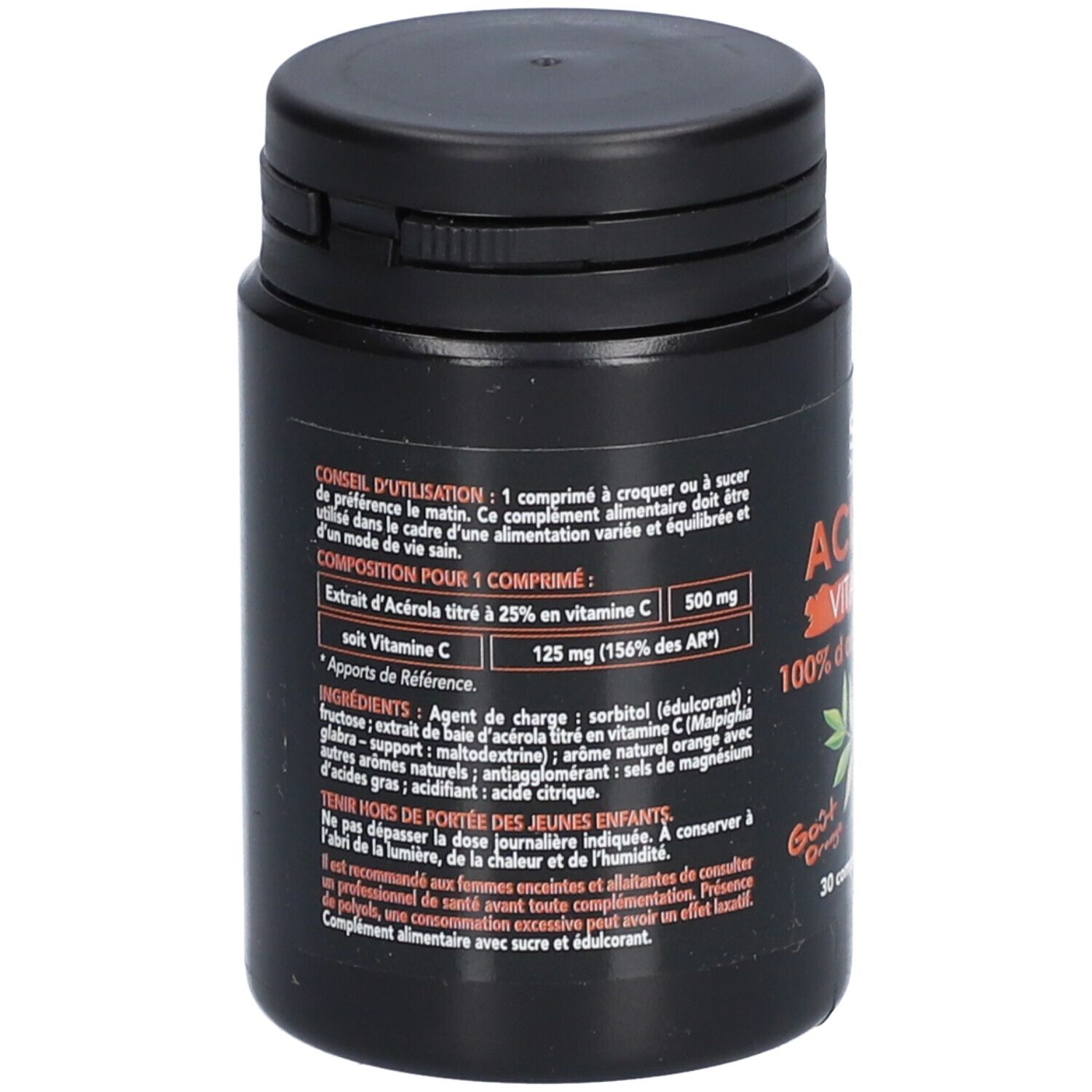 Boîte noire avec Acerola Vitamine C. Inscription: Extrait d'acérola titré à 25% en vitamine C, 125 mg (156% des AR). Liste des ingrédients.