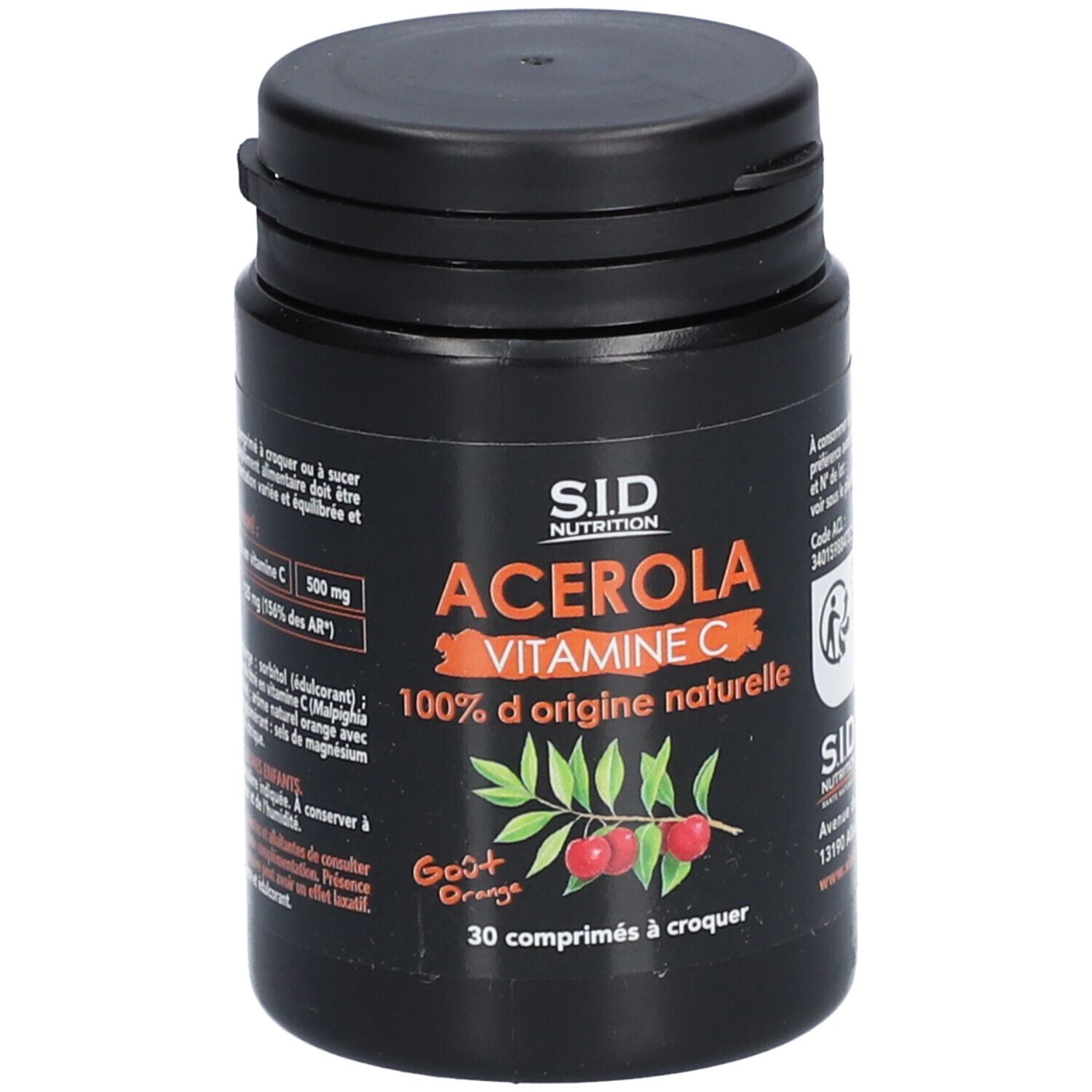 Boîte noire avec Acerola Vitamine C. Inscription: S.I.D Nutrition, Acerola Vitamine C, 100% d'origine naturelle, 30 comprimés à croquer. Goût Orange.