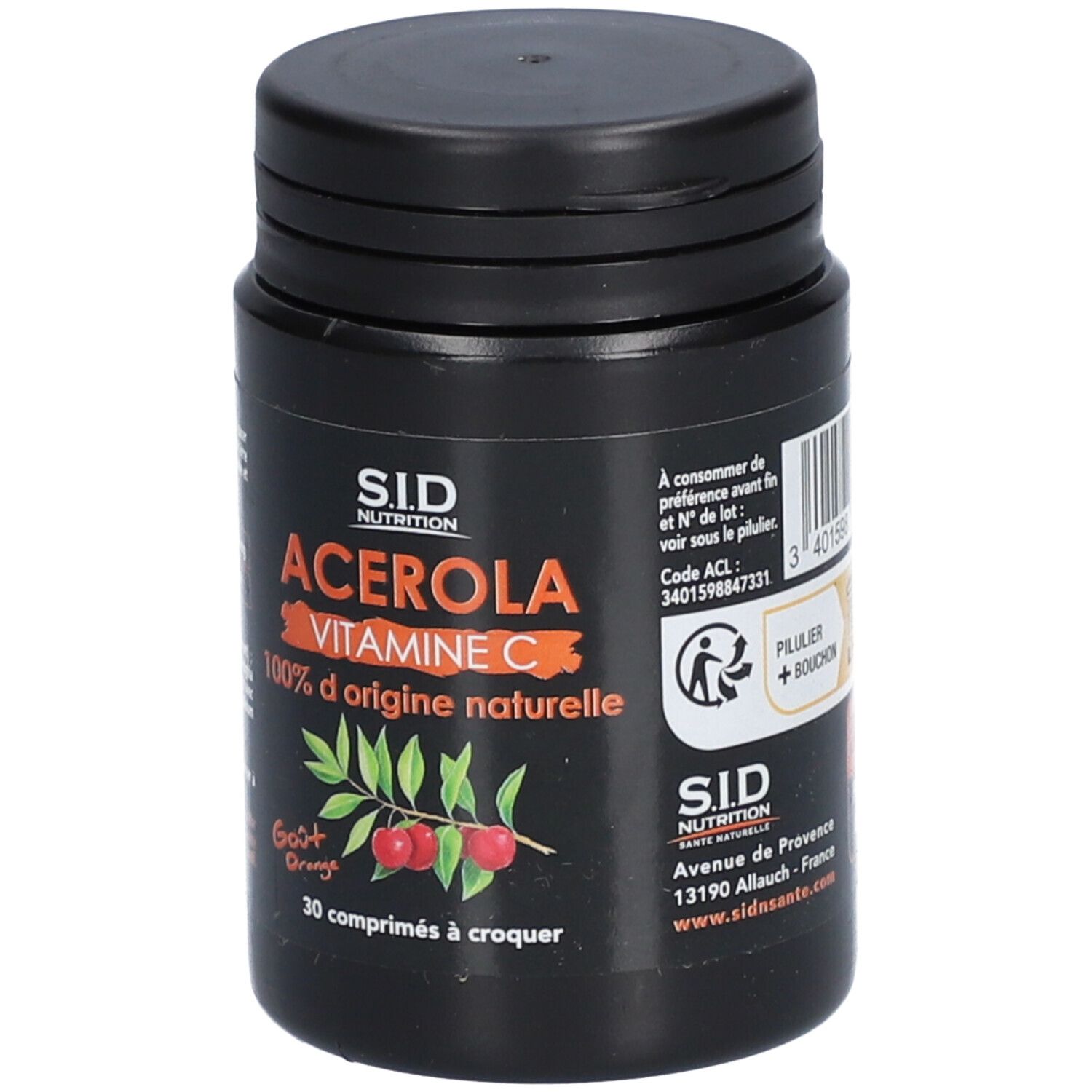 Boîte noire avec Acerola Vitamine C. Inscription: S.I.D Nutrition, Acerola Vitamine C, 100% d'origine naturelle, 30 comprimés à croquer. Adresse.