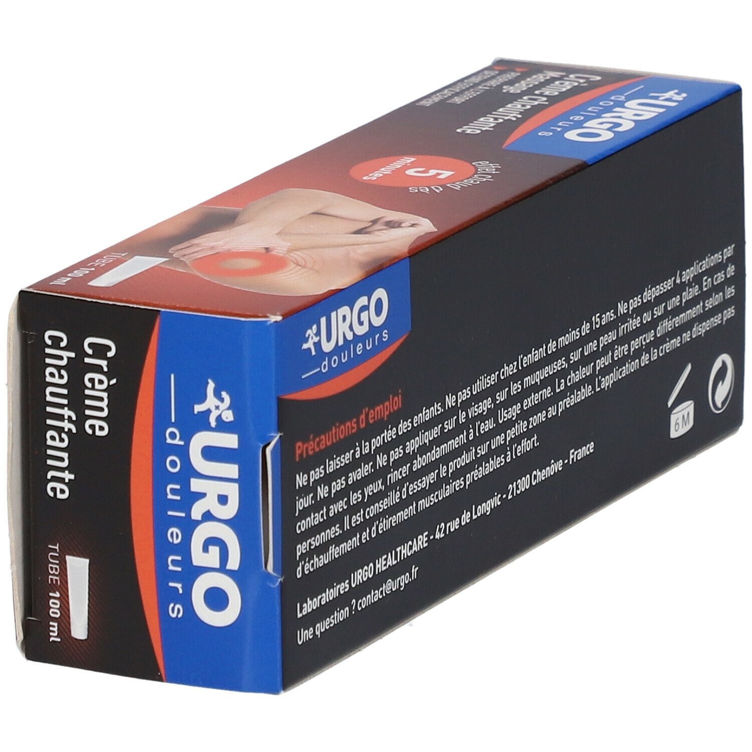 Vue latérale de l'emballage du produit. Logo URGO et nom du produit : Crème chauffante. Texte sur les précautions.
