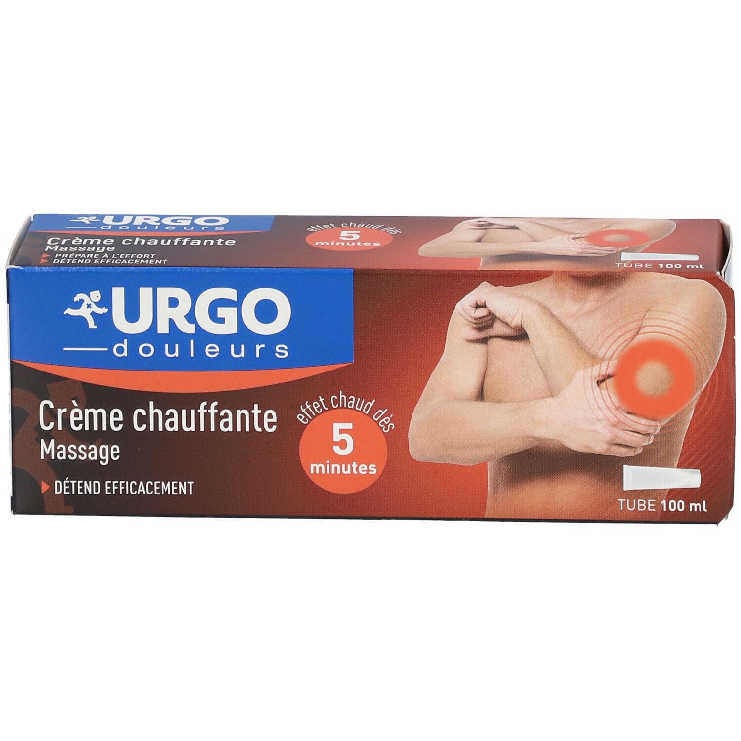 Emballage du produit avec image et texte. Logo URGO. Nom du produit : Crème chauffante Massage. Tons rouges et bleus.