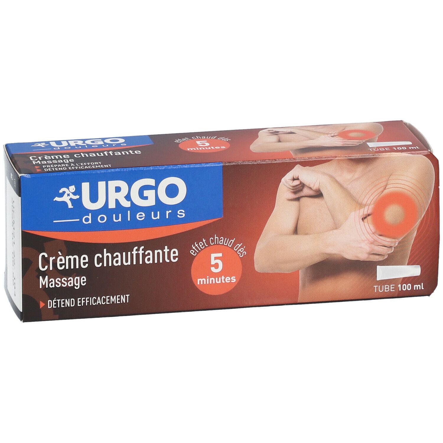 Emballage du produit avec image et texte. Logo URGO. Nom du produit : Crème chauffante Massage. Tons rouges et bruns.