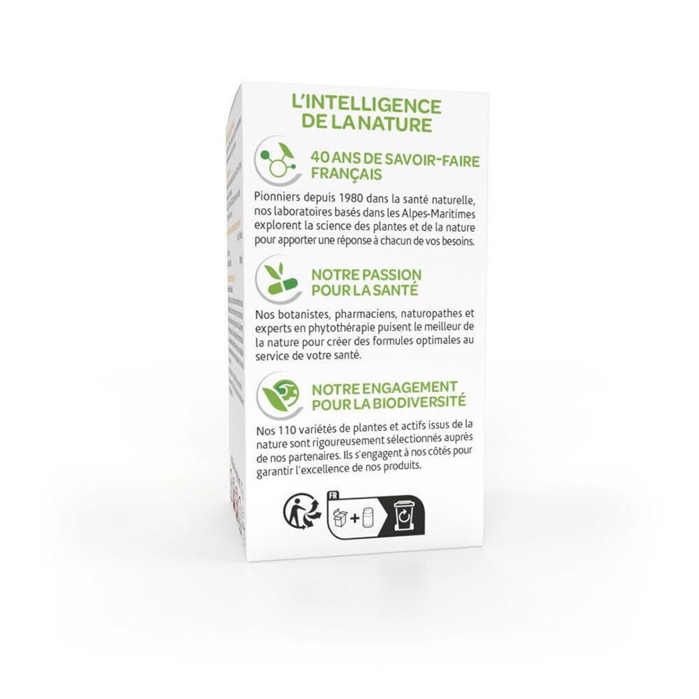 Côté de la boîte avec informations sur l'entreprise. Logos et texte sur la qualité et le développement durable.