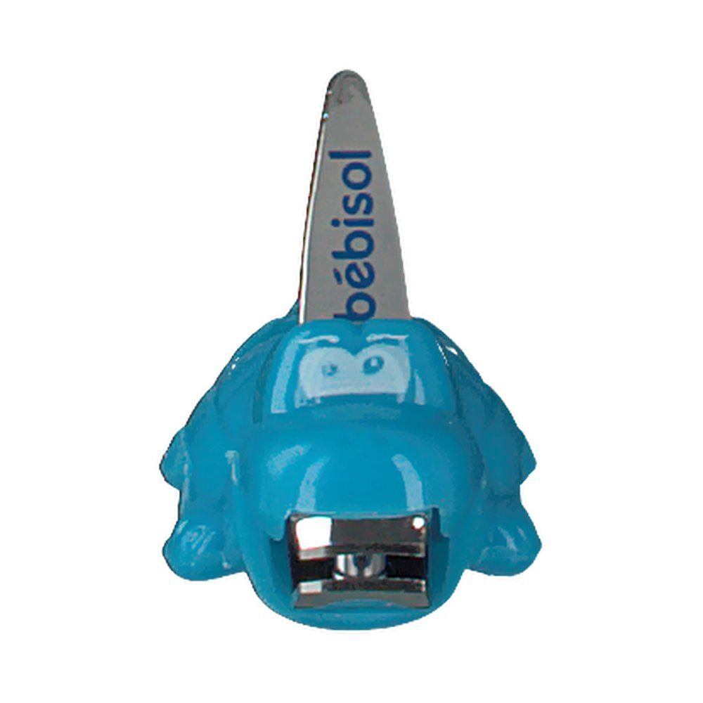 Blauer Nagelknipper in Krokodilform. Mit silberner Klinge und dem Schriftzug "bébisol".