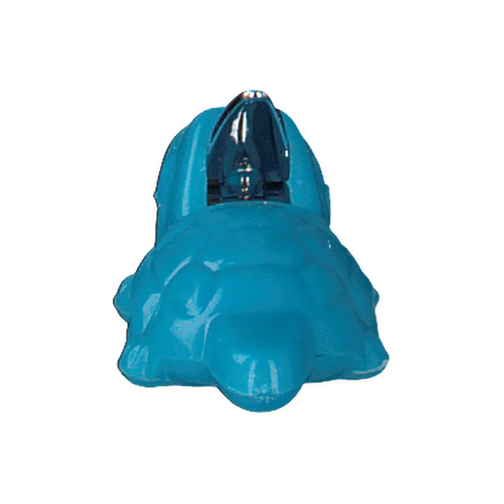 Blauer Nagelknipper in Krokodilform. Silberne Klinge. Draufsicht.