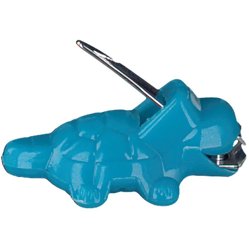 Blauer Nagelknipper in Krokodilform. Silberne Klinge. Seitenansicht.