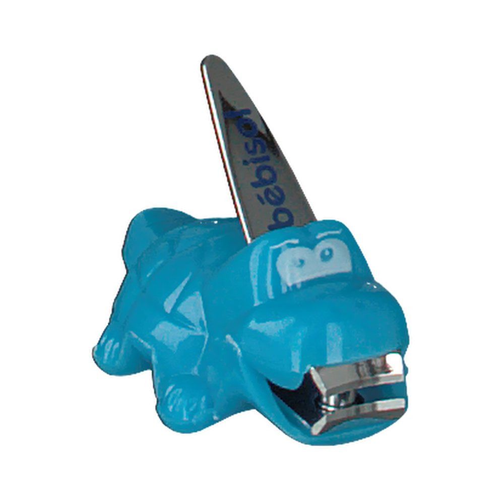 Blauer Nagelknipper in Krokodilform. Silberne Klinge mit "bébisol" Schriftzug.