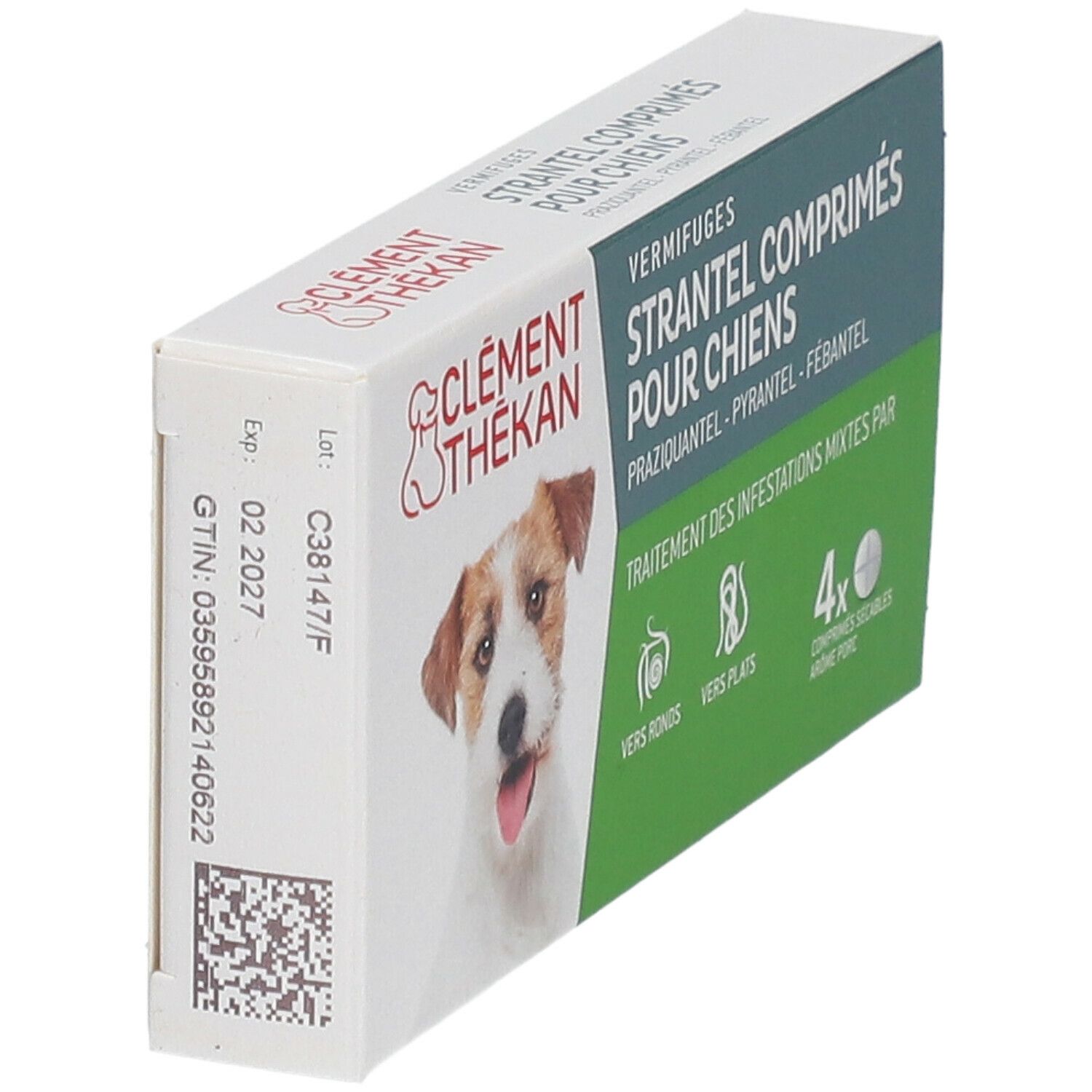 Boîte de comprimés Strantel pour chiens. Clément Thékan. Inscriptions : date de péremption, lot, GTIN. Image de chien.