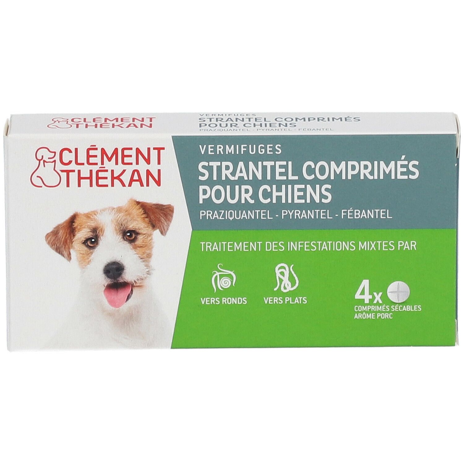 Boîte de comprimés Strantel pour chiens. Marque Clément Thékan. Image d'un chien. 4 comprimés.