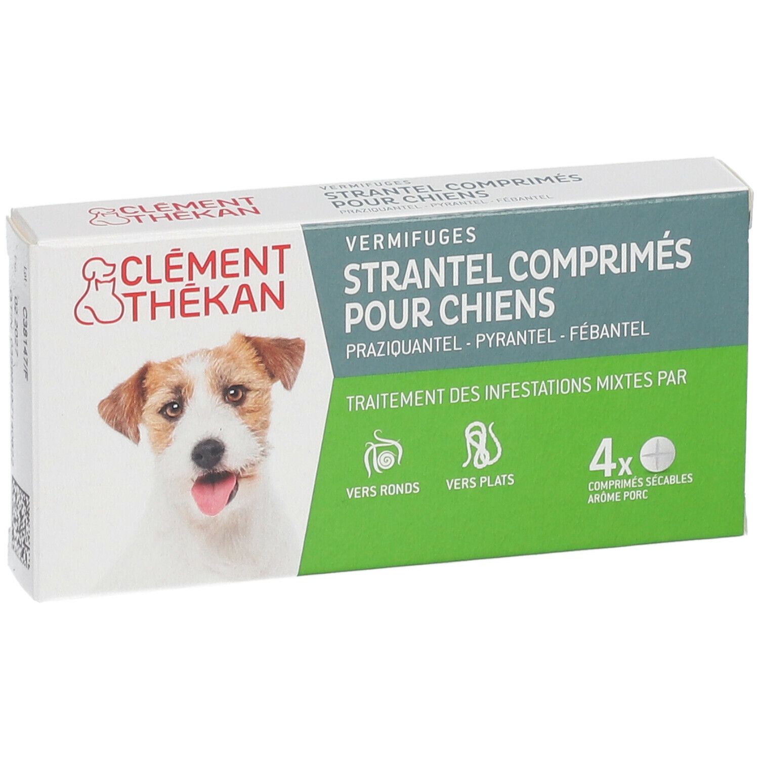 Boîte de comprimés Strantel pour chiens. Marque Clément Thékan. Image d'un chien. 4 comprimés.