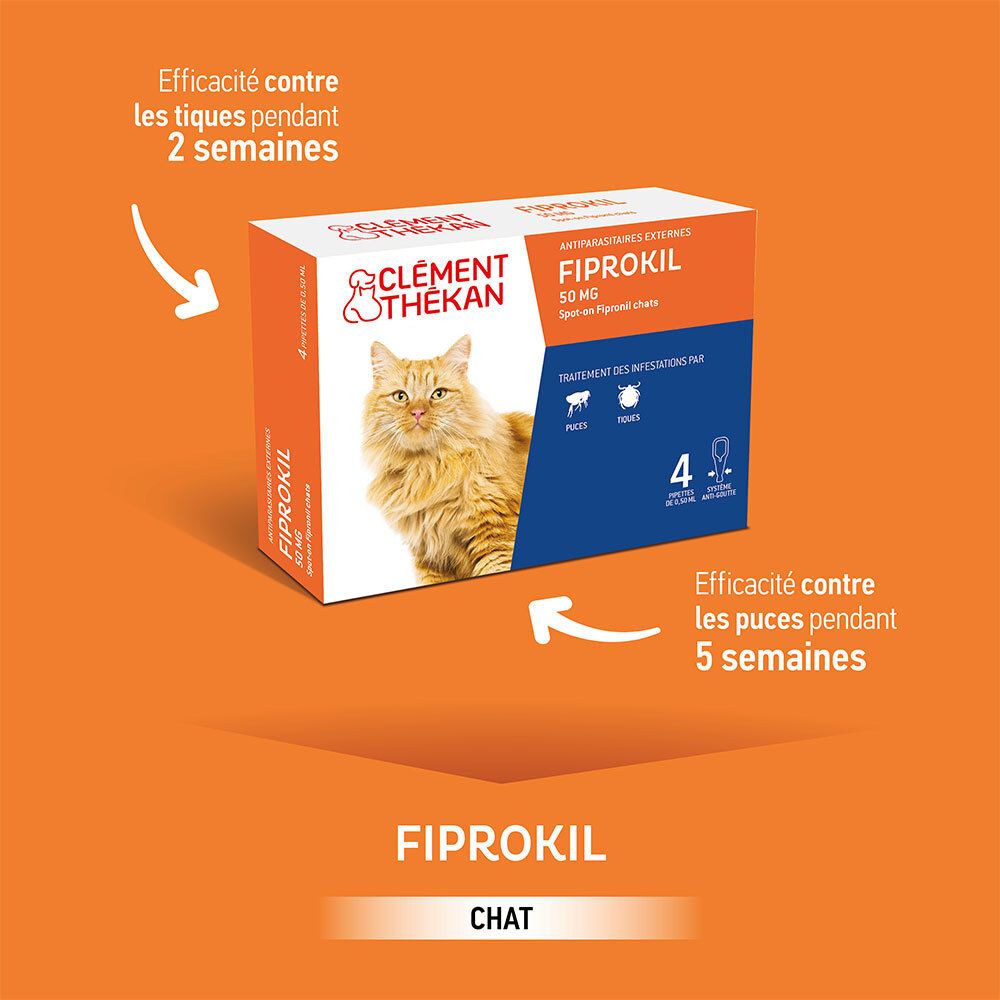 Emballage produit sur fond orange. Texte: Fiprokil, Chat, 4 pipettes, efficacité tiques 2 semaines, puces 5 semaines.