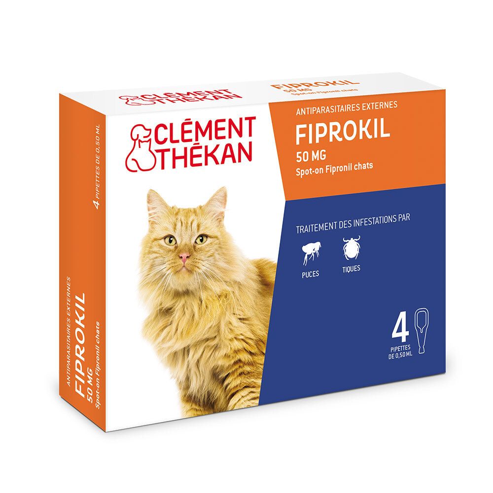 Emballage produit. Logo, chat, texte: Fiprokil, 50 mg, 4 pipettes.