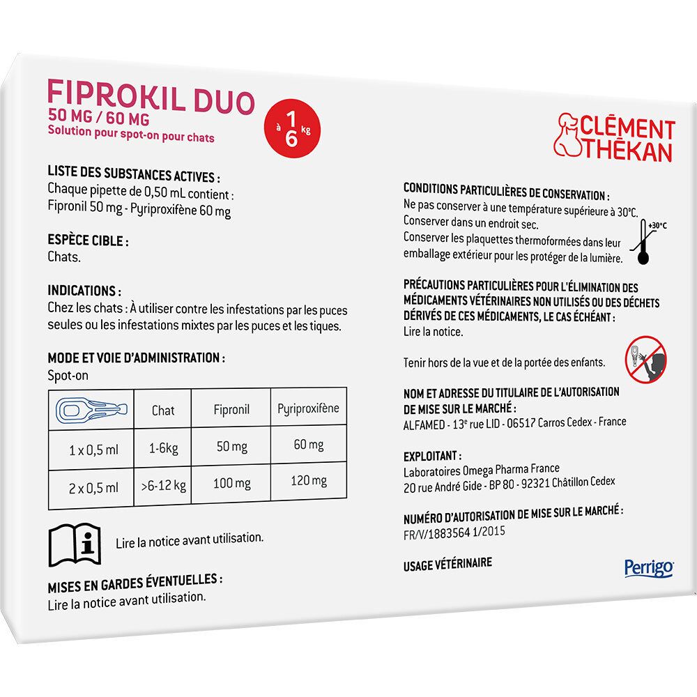 Dos de l'emballage. Texte: Fiprokil Duo. Ingrédients, utilisation, avertissements.