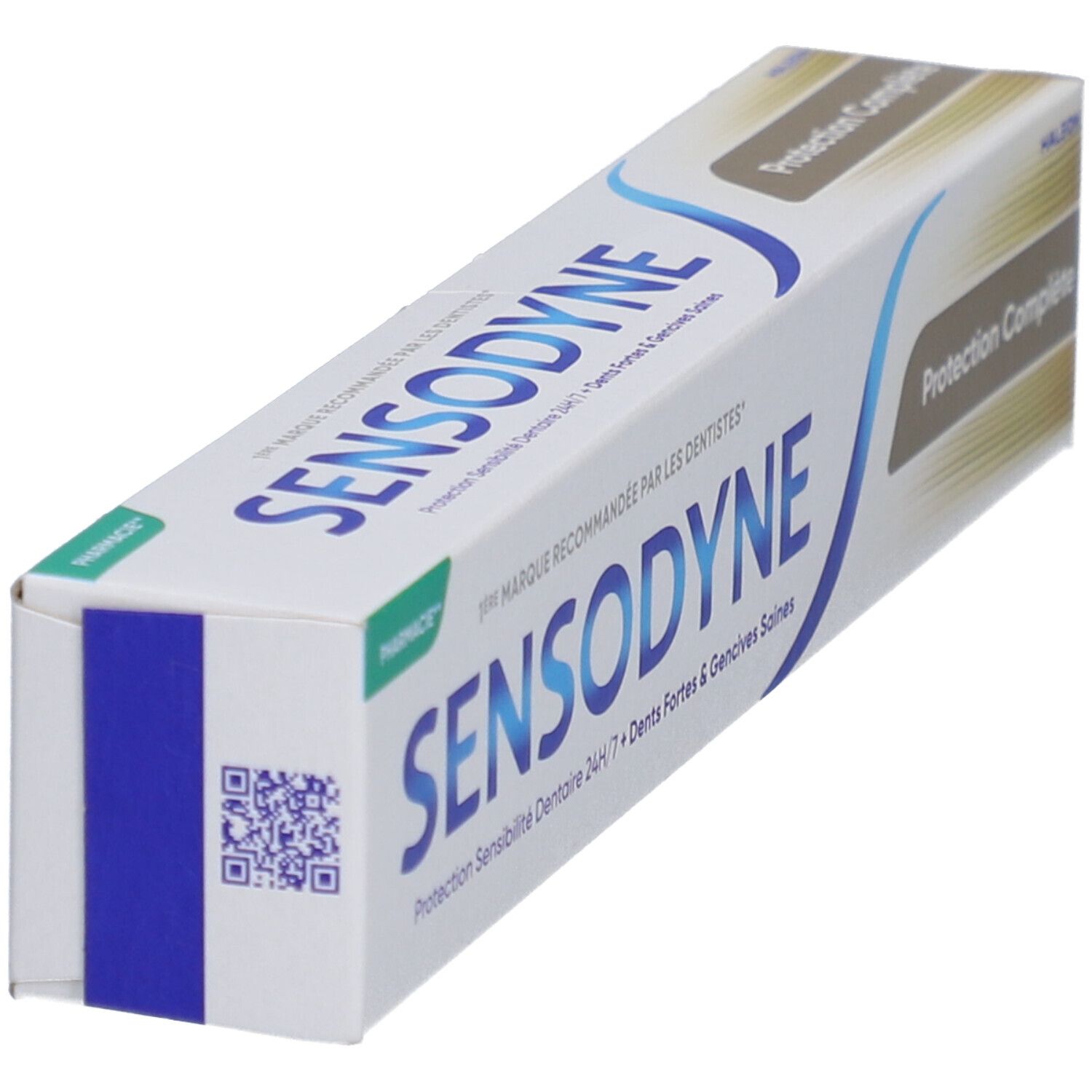 Zahncreme-Verpackung. Sensodyne-Marke, vollständiger Schutz. Blaue und braune Akzente. QR-Code und Text.