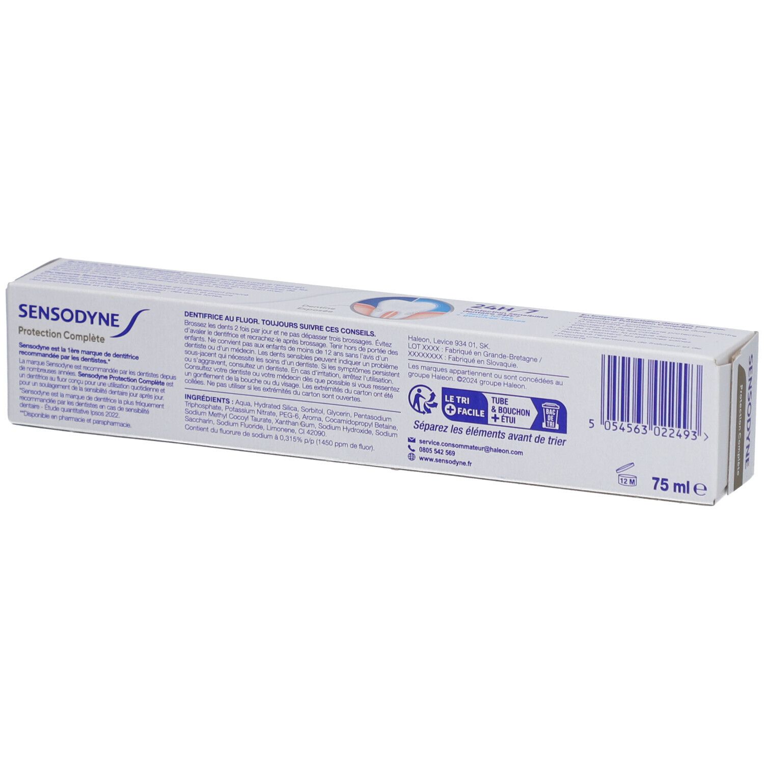 Zahncreme-Verpackung. Sensodyne, vollständiger Schutz. Rückseite mit Inhaltsstoffen und Informationen. 75 ml.