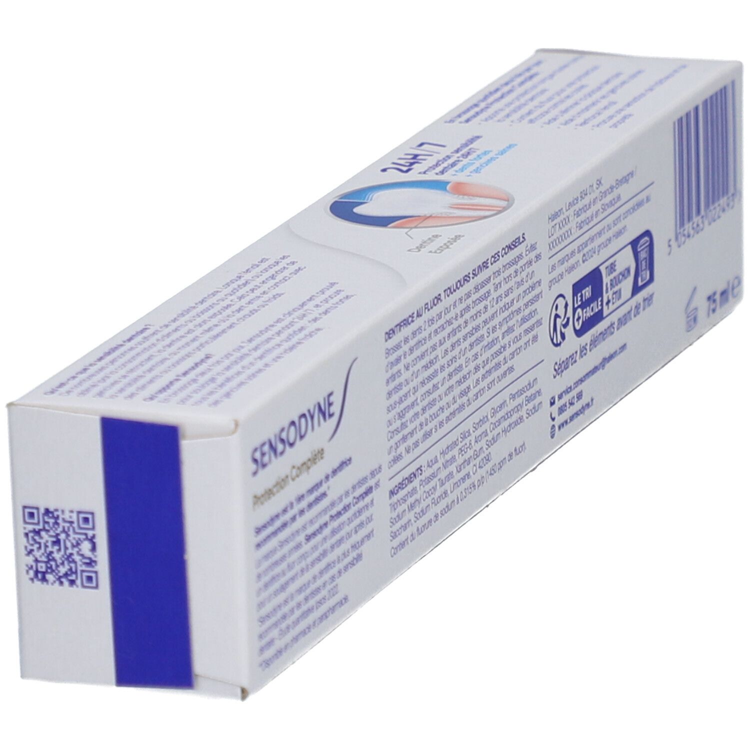 Zahncreme-Verpackung. Sensodyne, vollständiger Schutz. Rückseite mit Inhaltsstoffen und Informationen. 75 ml.