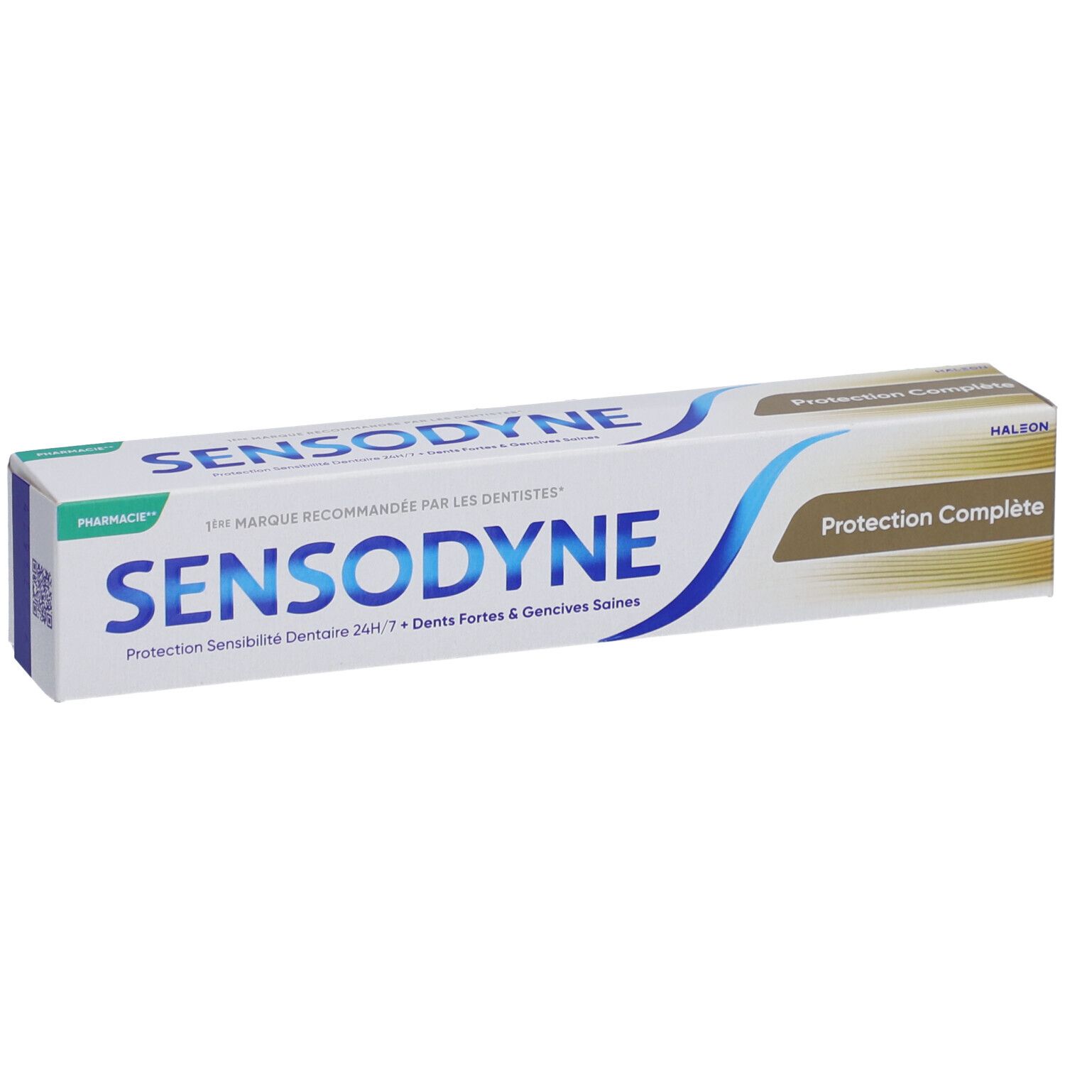 Zahncreme-Verpackung. Sensodyne-Marke, vollständiger Schutz. Blaue und braune Akzente. Text: Protection Complète.