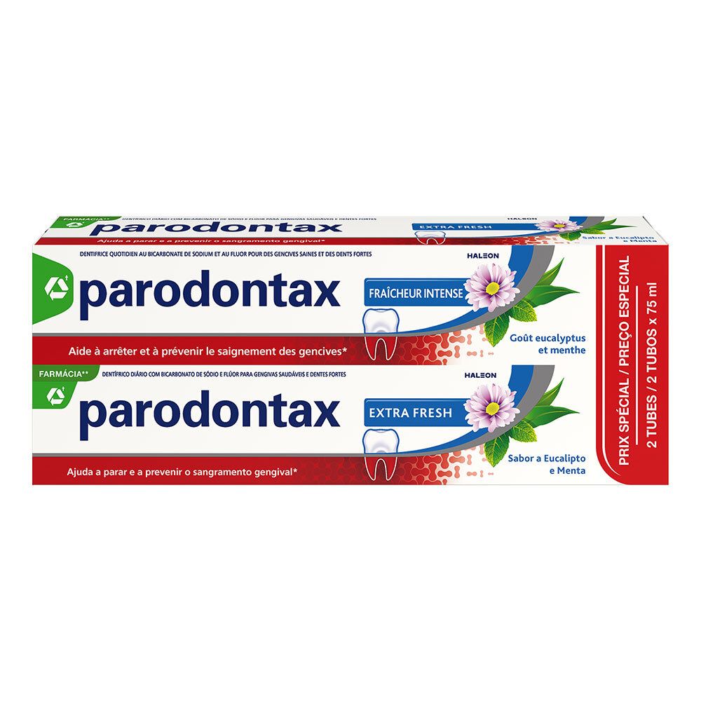 Boîte de deux tubes de dentifrice Parodontax Extra Fresh. Design floral et texte. Inscription "Prix spécial".