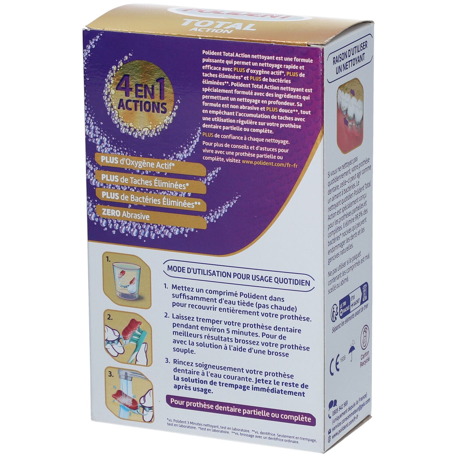 POLIDENT Total Action-Verpackung. Rückseite mit Anwendungsanleitung. Enthält Informationen zu den Inhaltsstoffen und Warnhinweisen.