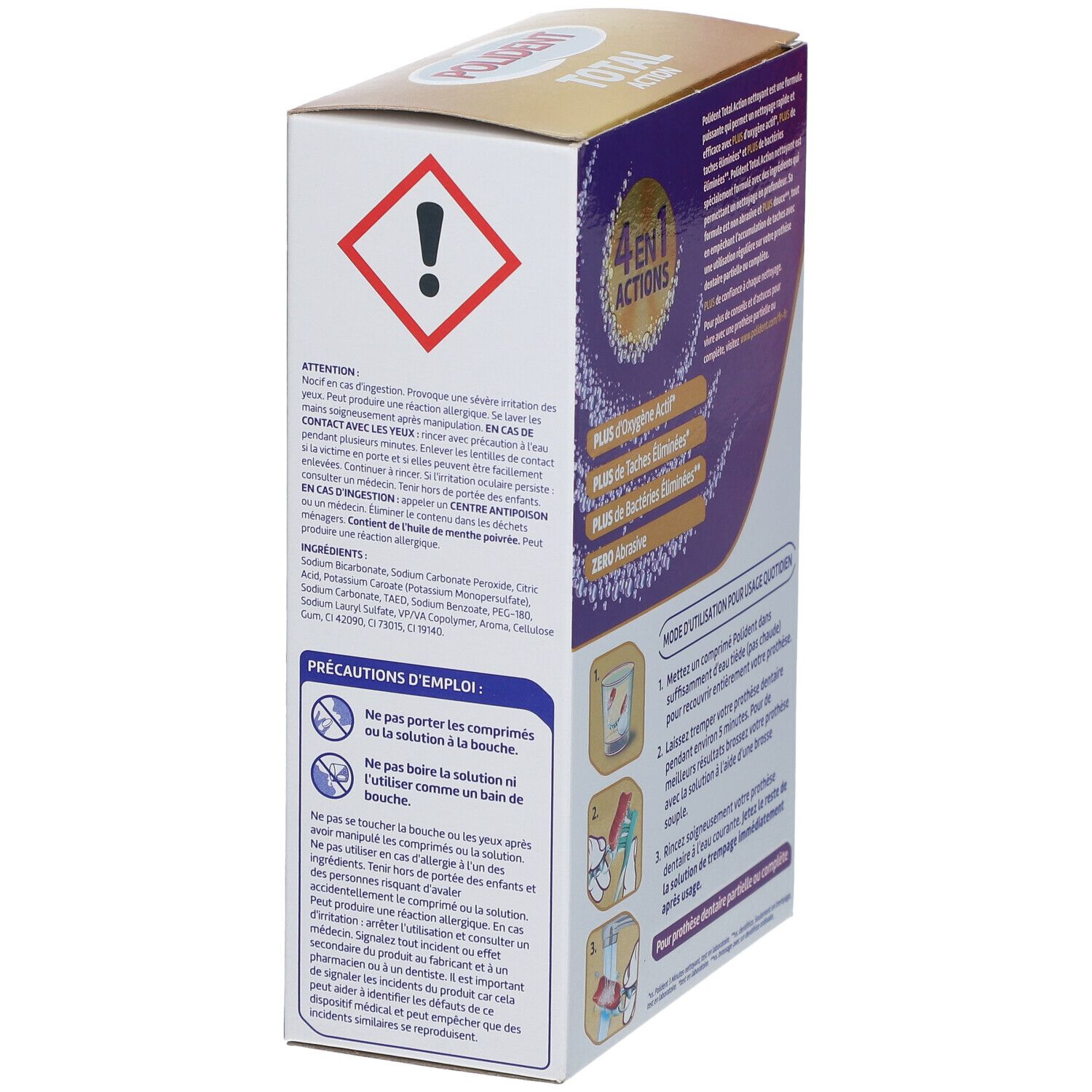 POLIDENT Total Action-Verpackung. Seitenansicht mit Warnsymbolen und Inhaltsstoffen. Enthält Vorsichtsmaßnahmen und Gebrauchsanweisungen.