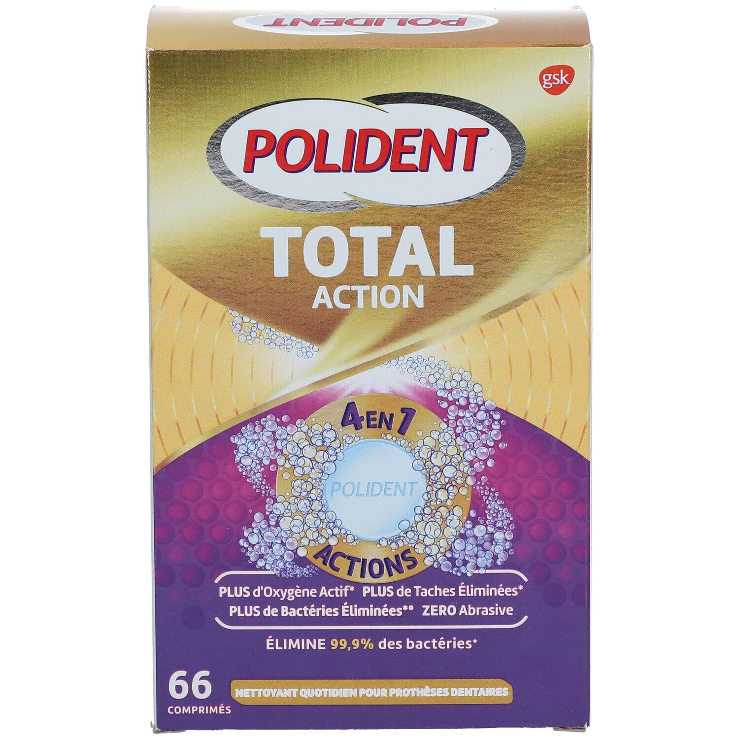 POLIDENT Total Action-Verpackung. Vorderansicht mit Produktnamen und 66 Tabletten. Gold- und lilafarbenes Design.